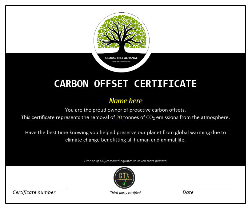 Carbon Offset Certificate GLOBAL TREE XCHANGE